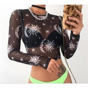 Sheer Black Mesh Crop Top W/ Sun & Moon Celestial Print & Long Sleeves – NWT